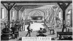 Produzione di cioccolato: vista interna dei laboratori di M. Masson, Parigi da French School