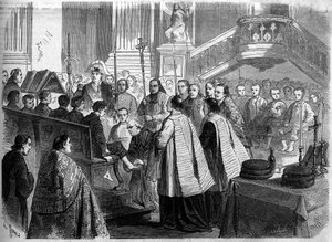 Rito cristiano - Giovedì Santo - 1860: la lavanda dei piedi nella chiesa di Saint Sulpice a Parigi. Incisione in "Le Monde Illustré" n°156 del 7 aprile 1860. da French School