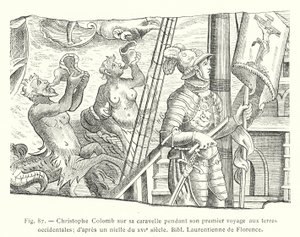 Cristoforo Colombo sulla sua caravella durante il suo primo viaggio verso le terre occidentali; secondo un niello del XVI secolo, Biblioteca Laurenziana di Firenze da French School