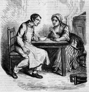 Christophe e la grassa Sylvie: domestici che fanno colazione. Incisione metà XIX secolo. Illustrazione per 