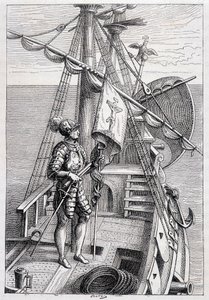 Cristoforo Colombo sul suo rimorchio, ill. "Scoperta della Terra" di Jules Verne, ed. Hetzel, XIX secolo