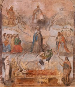 Chiesa (Eglise Saint-Jean-Baptiste). Interno. Cappella Saint-Fursy. Dipinti murali. La glorificazione di Maria (fresque dite de la bonne mort). Inizio XVII secolo