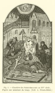 Cimitero dei Santi Innocenti nel XV secolo, secondo una miniatura dell