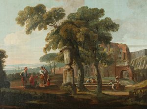 Paesaggio classico con urna da French School