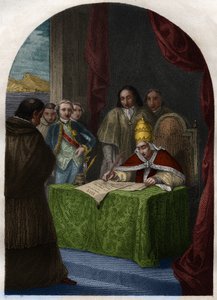 Clemente XIV (1705-1774) abolisce la Compagnia di Gesù il 21 luglio 1773. Incisione del 1842 in "Histoire des popes: crimes, murders, poisonings, parricides, adulteres, incest..." di Maurice Lachatre. Collezione privata da French School