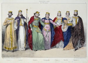 Clotario I, Cariberto, Chilperico, Fredegonda, Clotario II, Nantilde, Dagoberto I - in "La monarchia francese in stampe" da French School