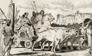Clodoveo III (682-95) su un carro trainato da buoi, con Pipino II di Herstal (c.714) che cavalca accanto a lui, da 