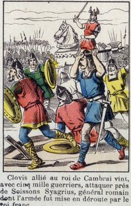 Clodoveo, alleato con il re di Cambrai, venne con 5000 guerrieri per attaccare vicino a Soissons Siagrio, il generale romano, il cui esercito fu sconfitto dal re franco.