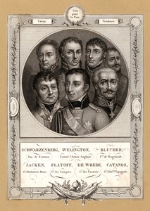 Comandanti militari della coalizione delle guerre napoleoniche: Fabian Gottlieb von der Osten-Sacken, generale di fanteria russo; Matvei Platov, generale russo al comando dei cosacchi del Don; Karl Philipp von Wrede, generale bavarese; Francisco Javier Cas da French School