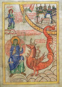 Cod. Guelf. 1 Gud. lat. (14v), La Donna Scarlatta, Madre delle Abominazioni che incontra la Bestia dell