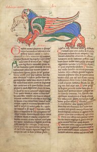 Cod. Guelf. 1 Gud. lat. 39v, Un Grifone che divora un uomo, dal Liber Floridus di Lambert de Saint-Omer c.1120 da French School