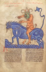 Cod. Guelf. 1 Gud. lat. 41V, Satana che cavalca un Behemoth, dal Liber Floridus di Lambert de Saint-Omer c.1120 da French School