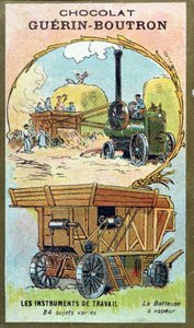 Carta da collezione di Chocolat Guerin-Boutron che raffigura una macchina per la trebbiatura a vapore