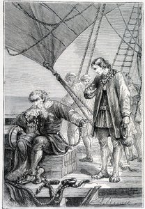 Colombo legato come un malfattore (sul ponte della nave), ill. "Scoperta della Terra" di Jules Verne, ed. Hetzel, XIX secolo da French School
