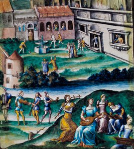 Concerto nel cortile di un castello. Pittura su smalto, scuola francese da French School