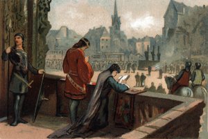 Costanza accanto al marito Roberto II il Pio, Re di Francia (996-1031), guarda il tormento degli eretici condannati sulla Place de Grève a Parigi (oggi Place de l