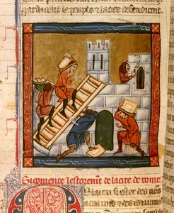 Costruzione di Roma. Miniatura del manoscritto Histoire ancienne à la Cesar, intorno al 1260-1270 scritta da un chierico al servizio della corte di Roger IV, Chatelain di Lille