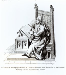 Copista che scrive su un foglio di pergamena, da un manoscritto, illustrazione da Scienza e Letteratura nel Medioevo e nel Rinascimento, scritto e inciso da Paul Lacroix, 1878 da French School