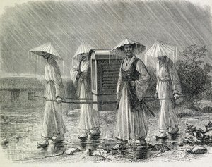 Coreani vestiti in un palanchino (abito da pioggia dei coreani) che trasportano una sedia. Illustrazione tratta da 