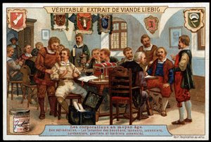 Corporazioni nel Medioevo: una deliberazione dei giurati di macellai, conciatori, saponai, calzolai, guantai e barbieri riuniti - vignetta pubblicitaria Liebig, fine XIX secolo da French School