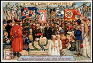Corporazioni nel Medioevo: posa della prima pietra di un municipio, muratori, carpentieri, fabbri, ebanisti, copritetti, calderai e vetrai assistono con i loro vari stendardi - vignetta pubblicitaria Liebig, fine XIX secolo da French School