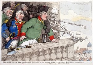 La Corsica e il suo aspetto sanguinario guardando Parigi attraverso la finestra delle Tuileries - in "Napoleone I", caricature, collezione fittizia, c. 1814-1815. da French School