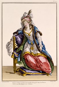 Costume per la moglie del Sultano in La Comédie Française, stampa di Patus (incisione colorata a mano) da French School