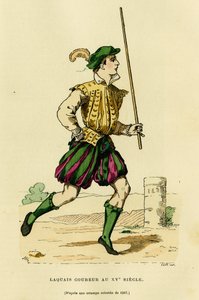 Costume del lacchè corridore nel XV secolo, incaricato di correre davanti alla carrozza per liberare la strada e annunciare il passaggio di un nobile o signore. Incisione a colori, in 