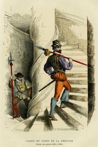 Costume della guardia del corpo del prevosto, seguito da un ufficiale delle guardie (1574-1589). Incisione a colori, in 