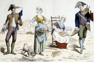 Costumi di Parigi attraverso i secoli. Illustrazione di abbigliamento del XVIII secolo: mercante di ombrelli, fiori, materassi di cartone e mercante di soffietti. da French School