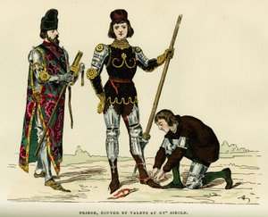 Costumi del principe, del suo scudiero e del suo valletto, nel XV secolo. Incisione a colori, in 