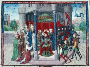Conte Jean de Brienne, miniatura da "Les chroniques de Jherusalem abregies", 1450 circa (tempera su pergamena)