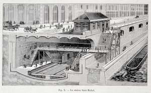 Sezione della stazione della metropolitana St Michel a Parigi in "La natura" 1899 da French School