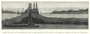 Sezione della scogliera detta Flood-Rock, con il pozzo profondo 15 metri e le gallerie scavate in vista dell
