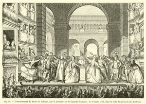 Incoronazione del busto di Voltaire, da parte del personale della Comédie-Française, il 30 marzo 1778, nella sala di spettacolo delle Tuileries da French School