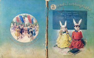 Illustrazione di copertina e retro di un libro di testo scolastico francese sulla scrittura, pubblicato da Hachette a Parigi, 1905