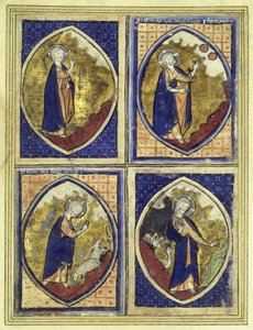 Creazione del firmamento, creazione del sole e della luna, creazione degli animali, creazione degli uccelli, fine XIII secolo da French School