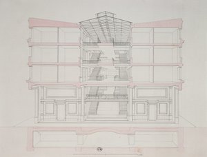 Sezione trasversale di una casa nello sviluppo abitativo di Napoleone, 58 rue Rochechouart, Parigi, 1849 da French School