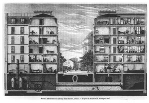 Sezione trasversale di case industriali a Faubourg Saint-Antoine a Parigi, illustrazione da Le Magasin Pittoresque, 1885 da French School