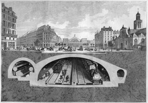 Sezione trasversale che rappresenta il progetto della ferrovia sotterranea a Parigi, dalla Villette alle halles centrali, nel 1861. Incisione in 