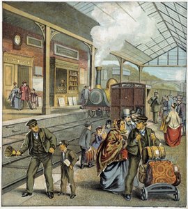 Folla sul molo di una stazione ferroviaria in Inghilterra da French School