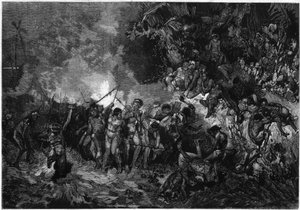 Usanza della Nuova Caledonia: Pilou pilou (Pilou-pilou), danza tradizionale Kanak. Incisione in "Le Monde Illustré" n.772 del 27 gennaio 1872 da French School