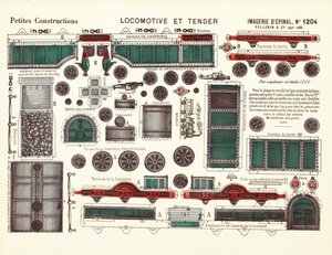 Progetti ritagliati per una locomotiva a vapore e tender, c.1880 da French School