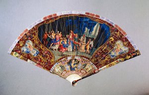 Ventaglio in stile Vernis Martin danneggiato raffigurante il Matrimonio della Nobiltà, pelle di cigno con guardia dipinta in avorio, altezza 20,5 cm