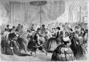 Danza: la griglia del pattinatore. I ballerini tengono un nastro il cui capo è attaccato a una pianta di maggio al centro di un cerchio. Scena al ballo dato dal Conte Walewski nel 1861. Incisione in 