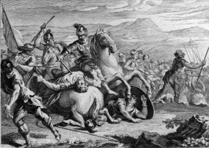 Morte di Alarico II, 507: Clodoveo I (465-511), re dei Franchi, uccide Alarico II (484-507), re dei Visigoti, nella battaglia di Vouillé nel 507. Incisione del XVIII secolo