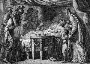 Morte di Childeberto II (570-596), re di Neustria, Orleans e Borgogna, a causa di avvelenamento. 596. Incisione del XVIII secolo da French School
