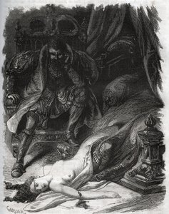 Morte di Françoise de Foix, Contessa di Chateaubriant (ca. 1495-1537), assassinata dal marito Jean de Laval Conte di Chateaubriant (Laval-Chateaubriant) (1486-1543), che così si vendicò delle infedeltà della moglie. Incisione del 1871 in "Histoire Des