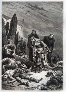 Morte del re Harold II (1022-1066) nella Battaglia di Hastings nel 1066 - Edith Swannesha (Swanneck), conosciuta come Edith la Giusta (1025-1086) scopre il corpo del marito da French School
