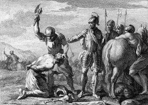 Decapitazione di Siagrio, 486: esecuzione del generale romano Siagrio (430-486) sconfitto nella battaglia di Soissons dalle truppe di Clodoveo I. Incisione del XVIII secolo da French School